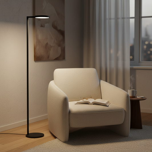 LED Torchiere Floor Lamp — dimmable 69-inch black standing lamp with adjustable color beam and gooseneck reading light at Homestead Market.