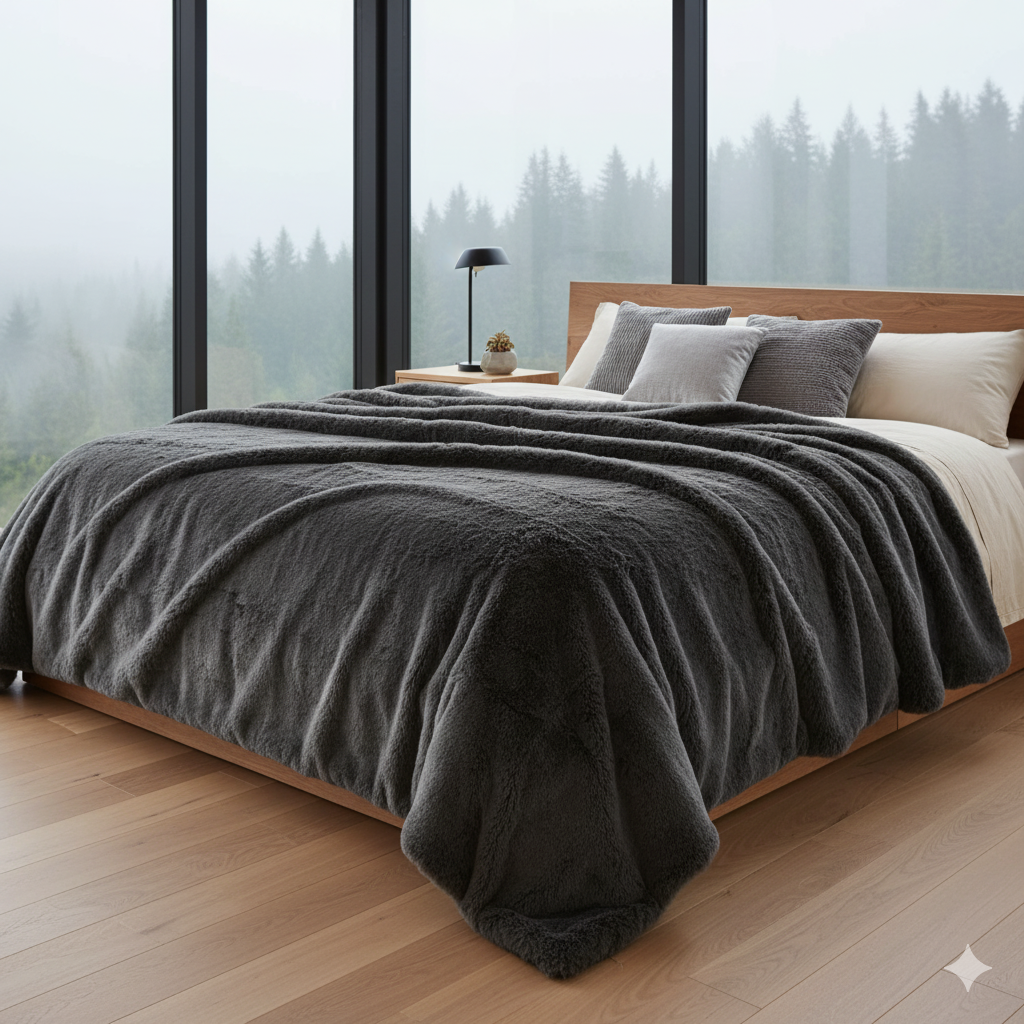 UGG Adalee extra-large faux fur king blanket in Seal Grey displayed on a bed.