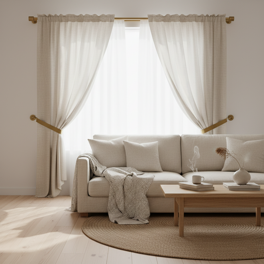 Linen curtains held by retro wall-mounted holdbacks, brightening a neutral living room