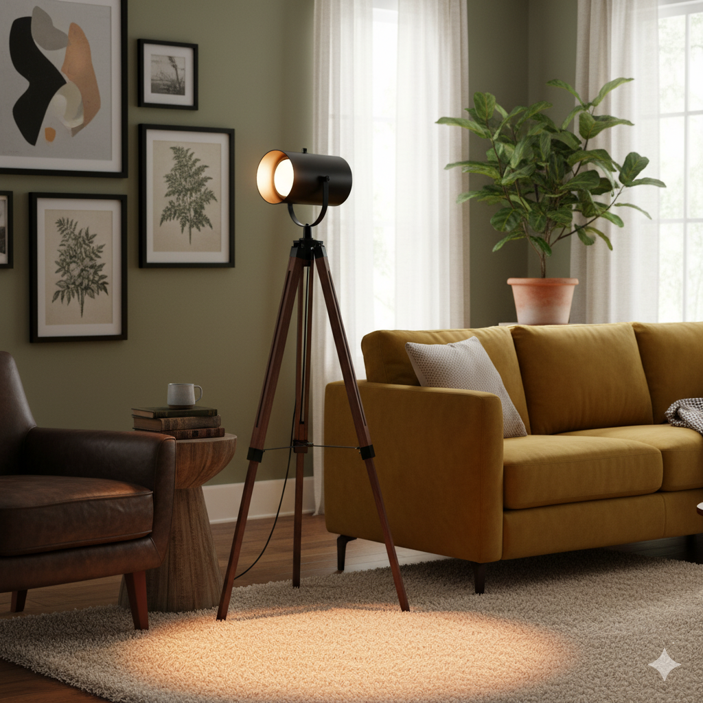 Industrial Vintage Black Tripod Floor Lamp — adjustable wooden spotlight light for modern and vintage home interiors, available at Homestead Market.