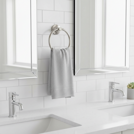 Brushed stainless B3004BR towel ring beside a modern vanity with a neatly draped linen towel