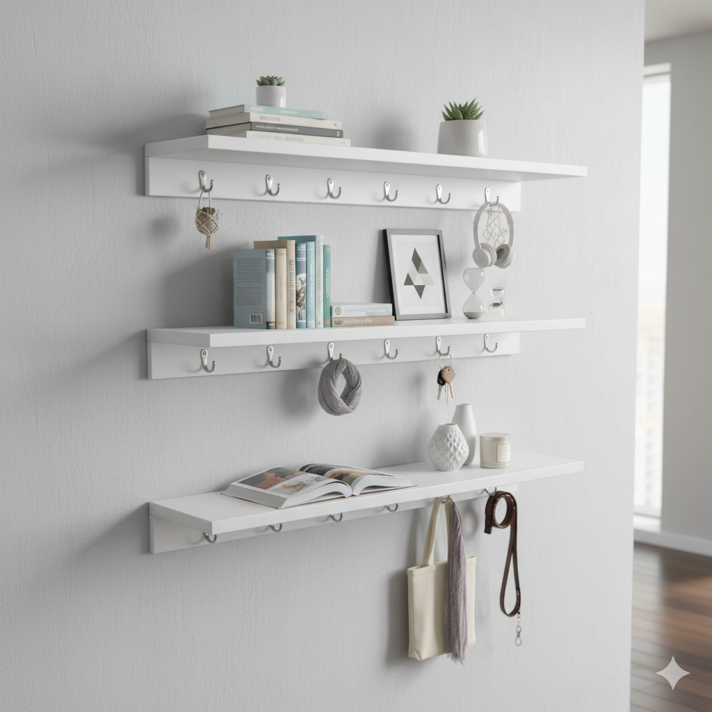 Three 36-inch white floating shelves with hooks mounted on a wall for books and décor.