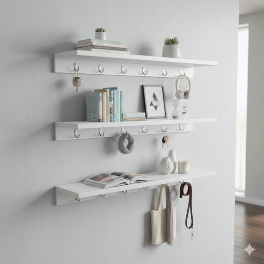 Three 36-inch white floating shelves with hooks mounted on a wall for books and décor.
