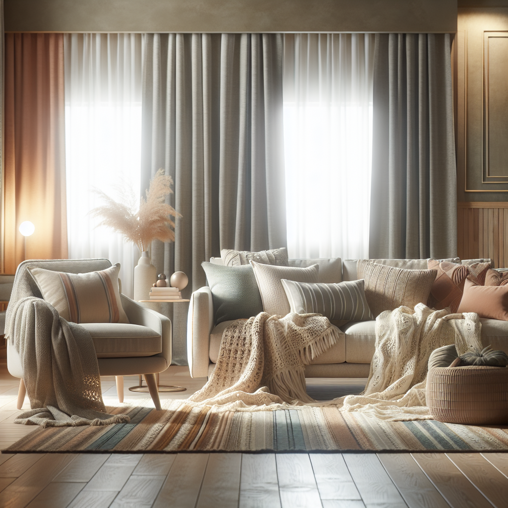 A modern living room styled with layered throw blankets draped over a sofa and armchair, bathed in soft warm light and cozy textures.
