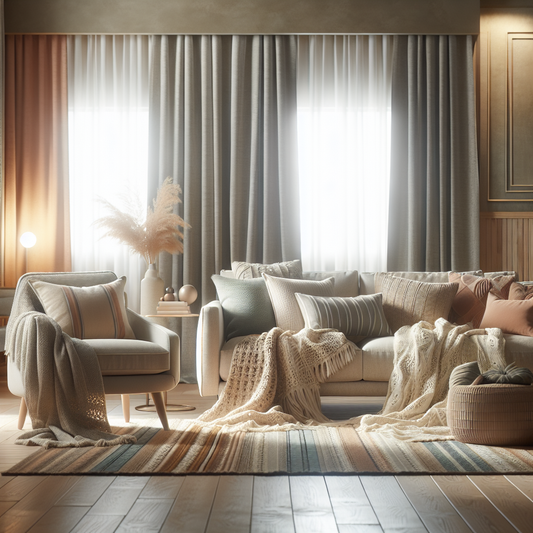A modern living room styled with layered throw blankets draped over a sofa and armchair, bathed in soft warm light and cozy textures.