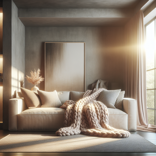 A cozy, modern living room featuring a soft throw draped over a sofa with warm lighting and inviting textures.