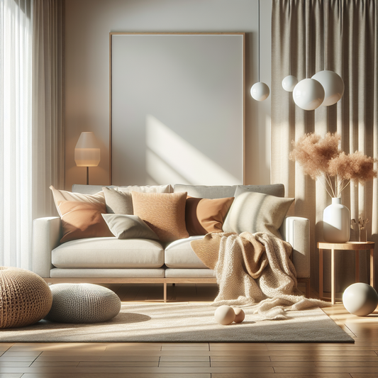 A modern sofa styled with layered pillows and cozy throws in a softly lit, inviting living room.