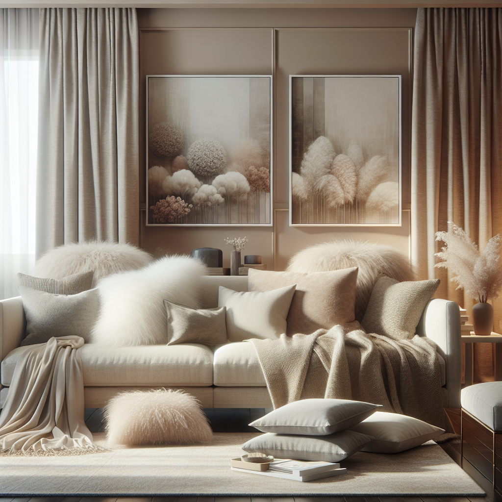 A softly lit living room with throws and pillows layered over a modern sofa, radiating warmth and comfort.