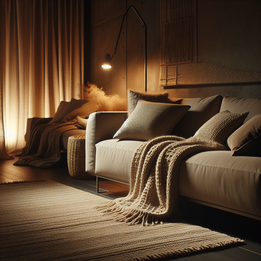 A cozy, modern living room with layered throws and pillows on a neutral sofa, bathed in warm, inviting light.