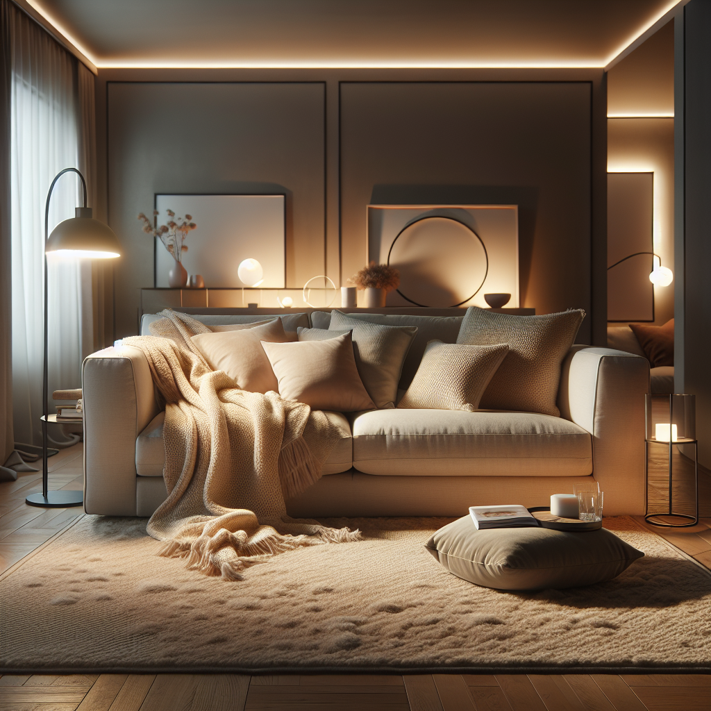 A modern living room featuring layered cozy textiles, plush throws, soft pillows, and warm lighting for a welcoming, comfortable atmosphere.