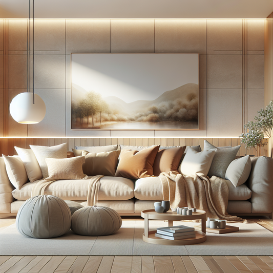 A modern living room styled with cozy layered throw blankets and pillows in soft, warm lighting.