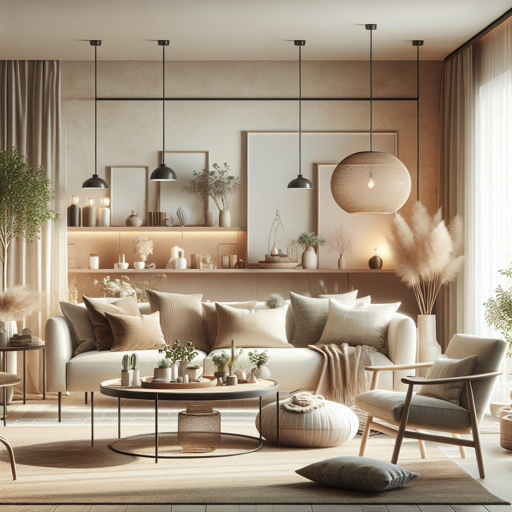 Inviting living room softly illuminated by warm table lamp and pendant light, styled with layered modern decor.