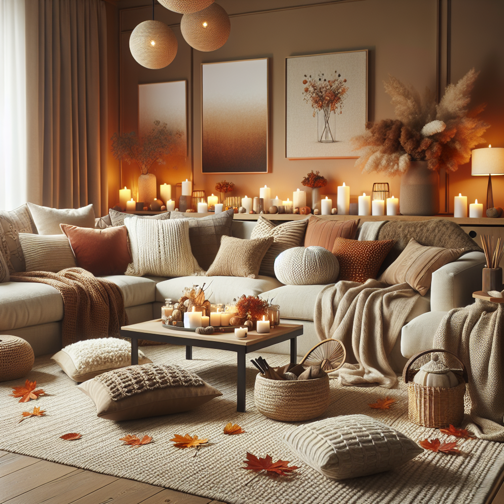 A warm, modern living room styled with layered textiles, soft throws, plush pillows, and a cozy rug for a comforting fall welcome.
