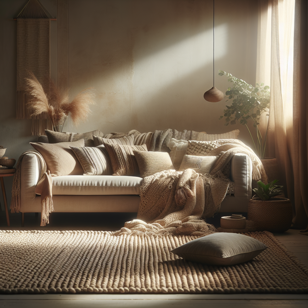 A sunlit modern living room featuring a soft sofa with layered throws and pillows, atop a plush area rug, creating a cozy and welcoming atmosphere.