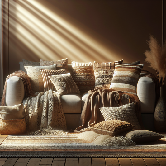 A welcoming living room with layered throws and pillows, showcasing cozy textiles in a warm, modern home setting.