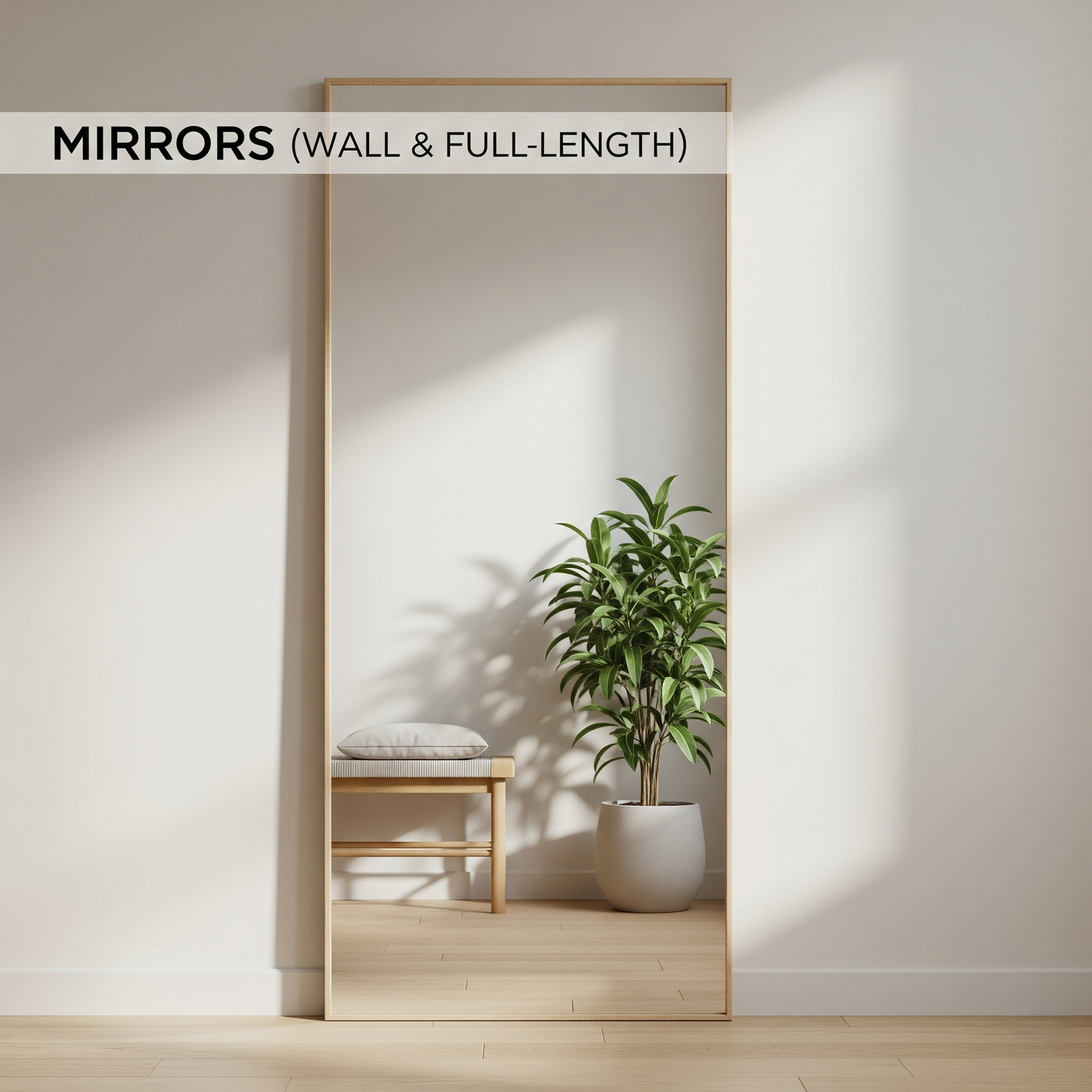 A full-length mirror reflecting a well-lit entryway with natural light.