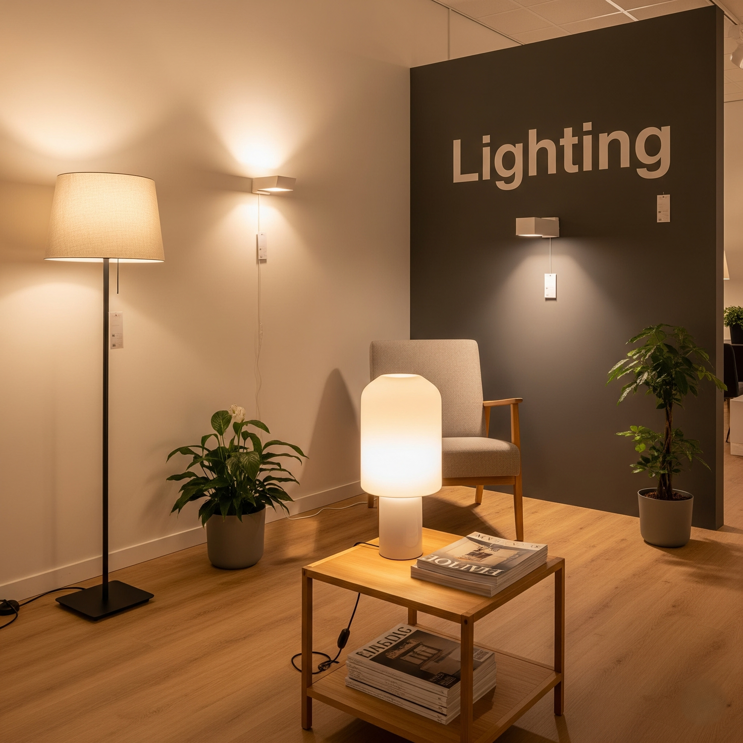 A space with various lighting fixtures including a floor lamp, a table lamp, and a wall light.