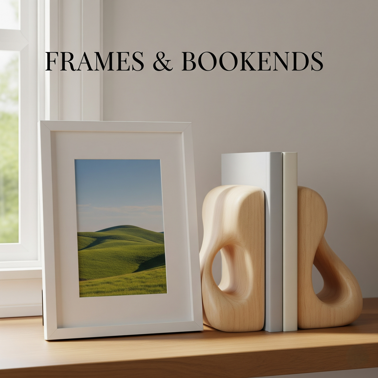 A shelf with a photo frame and sculptural bookends holding books.