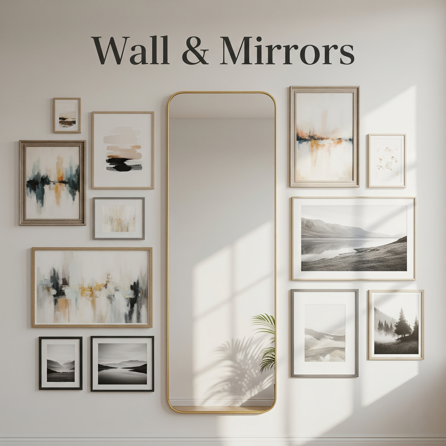 A wall with frames of various sizes and a tall, full-length mirror in the center.