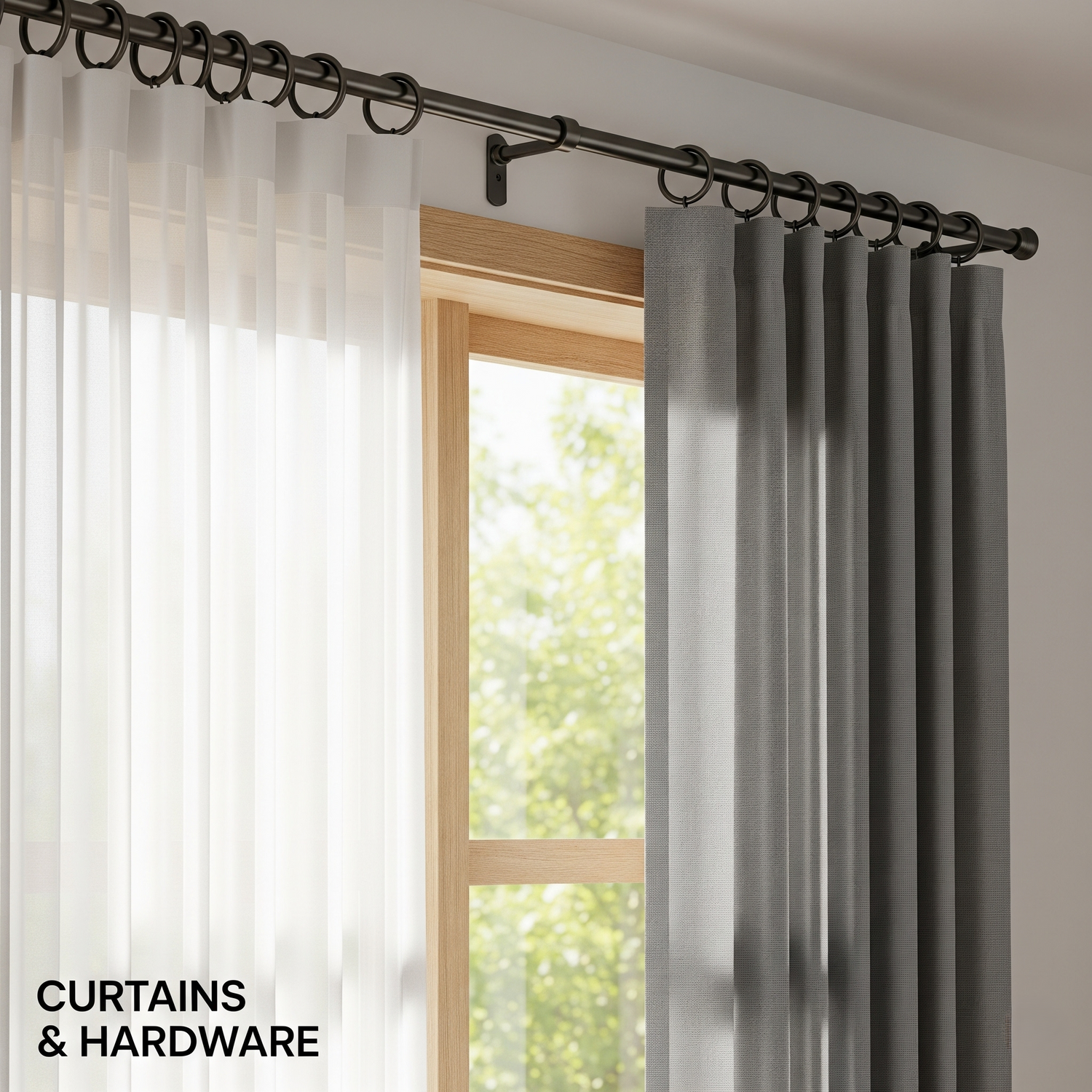A side view of a window with sheer and blackout curtains on a rod.