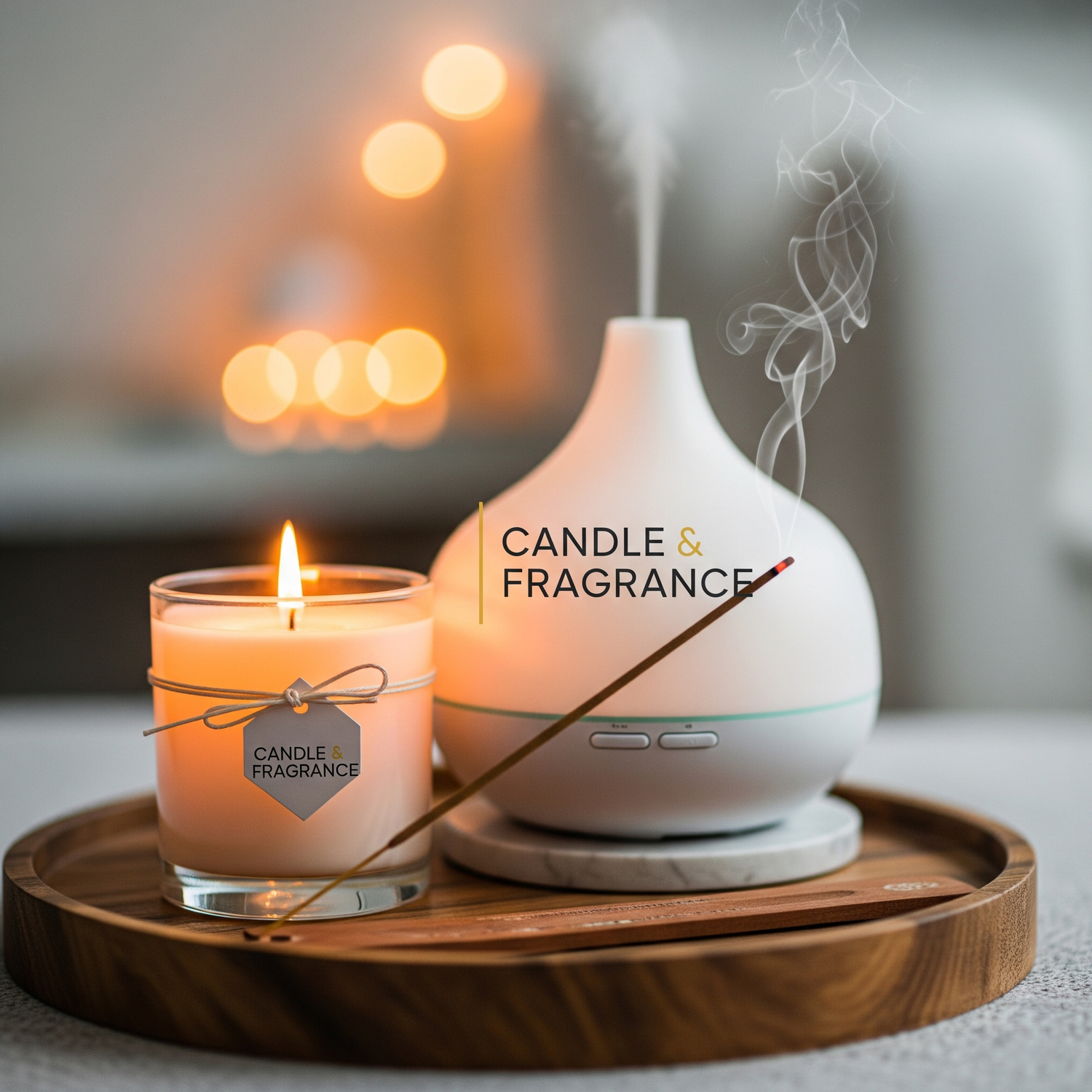 A lit candle, diffuser, and incense arranged on a tray.