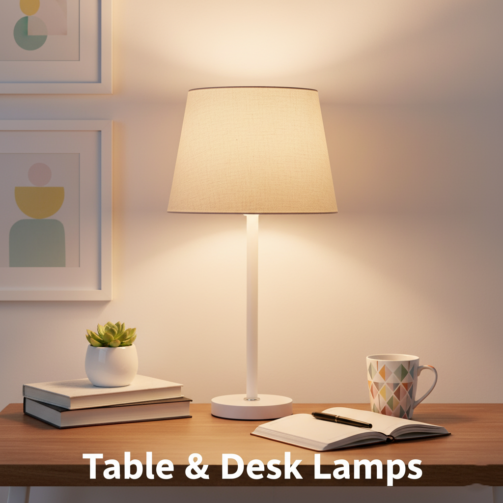 A warm, well-lit table lamp on a tidy desk with books and a plant.