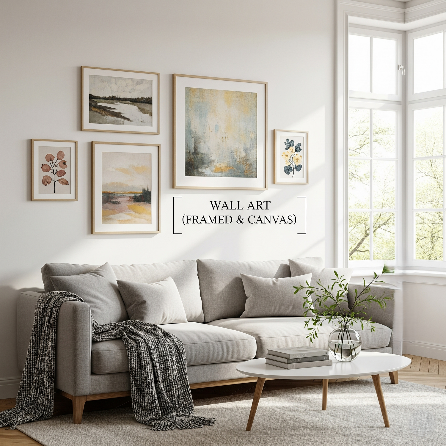 A living room with a gallery wall of framed art and canvases above a sofa.