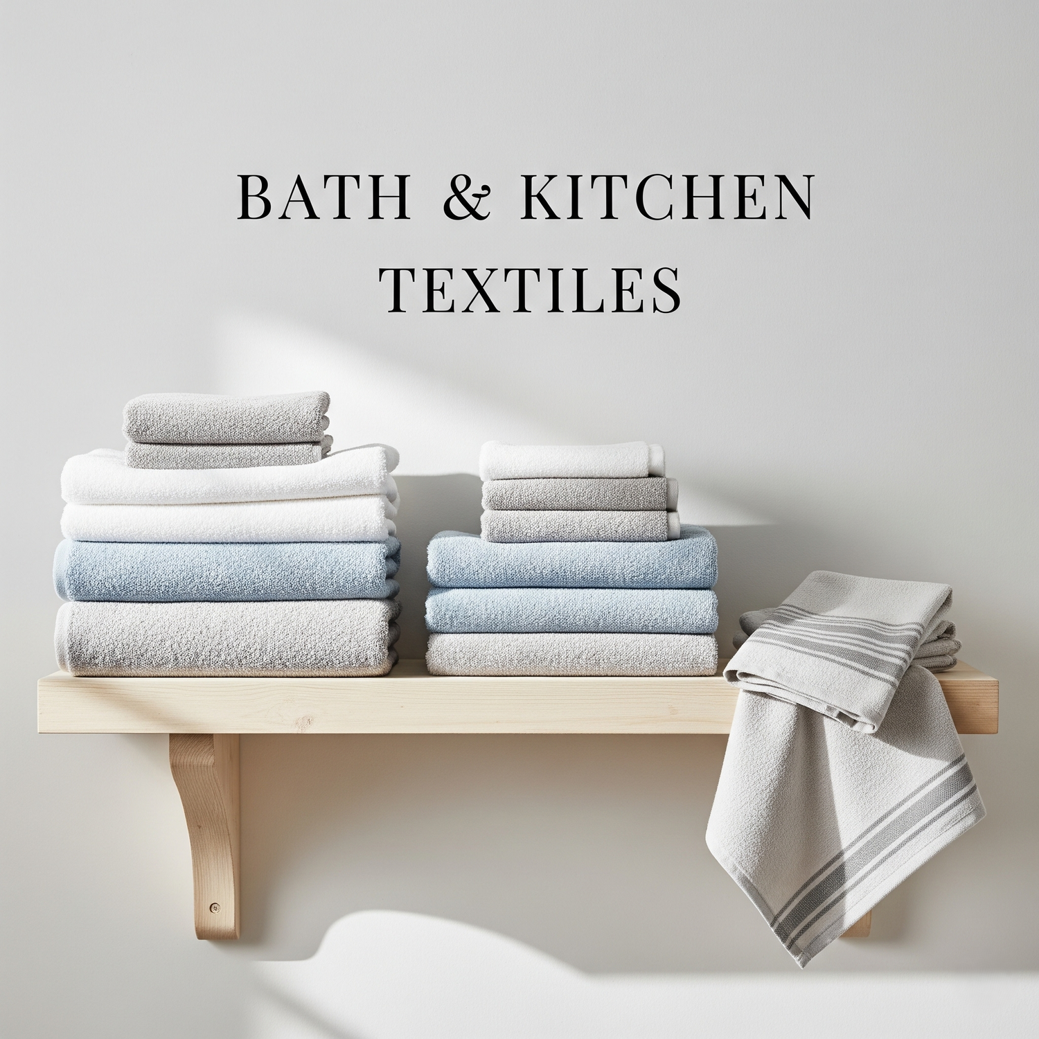 Neatly stacked towels on a bathroom shelf.