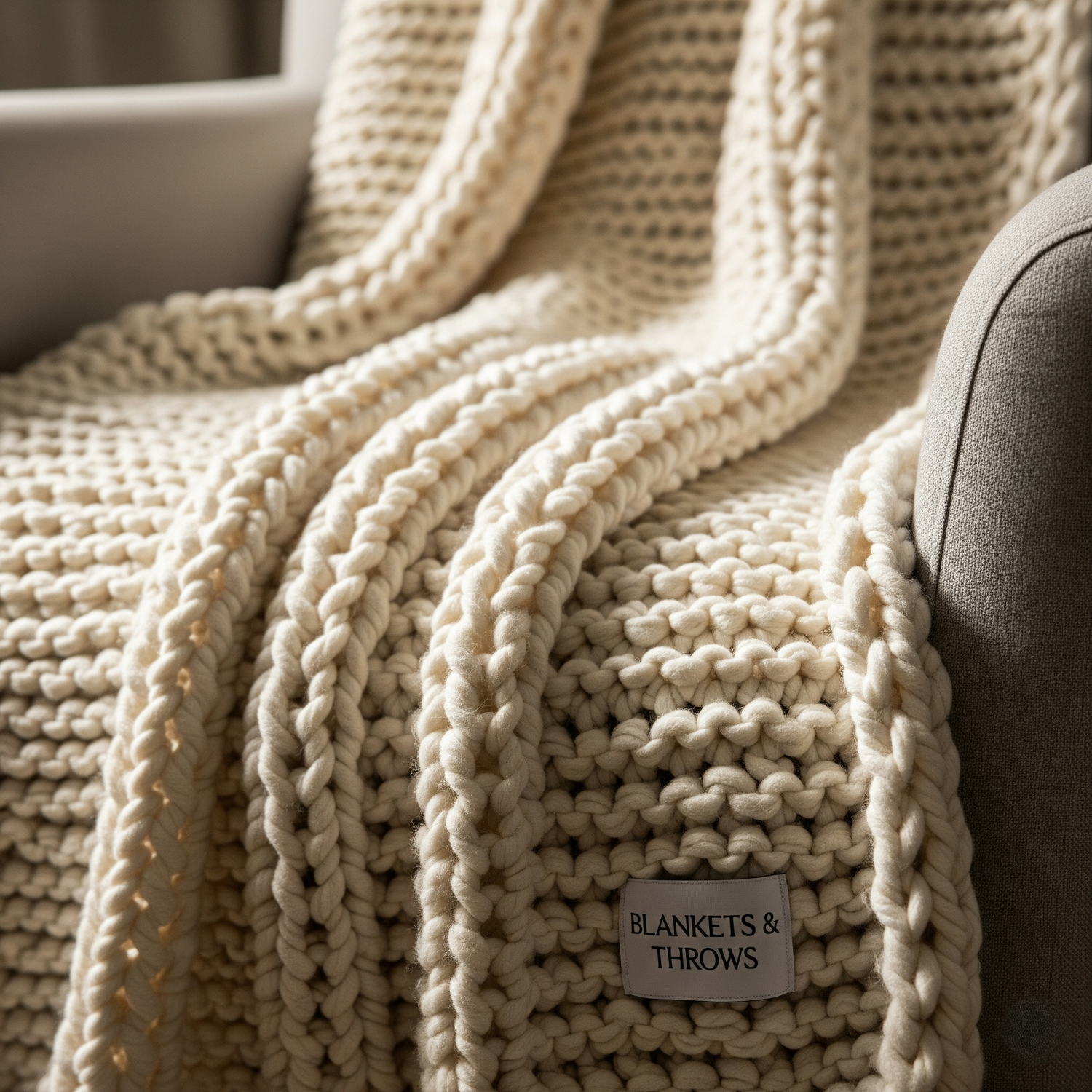 A close-up of a textured throw blanket naturally draped over an armchair.