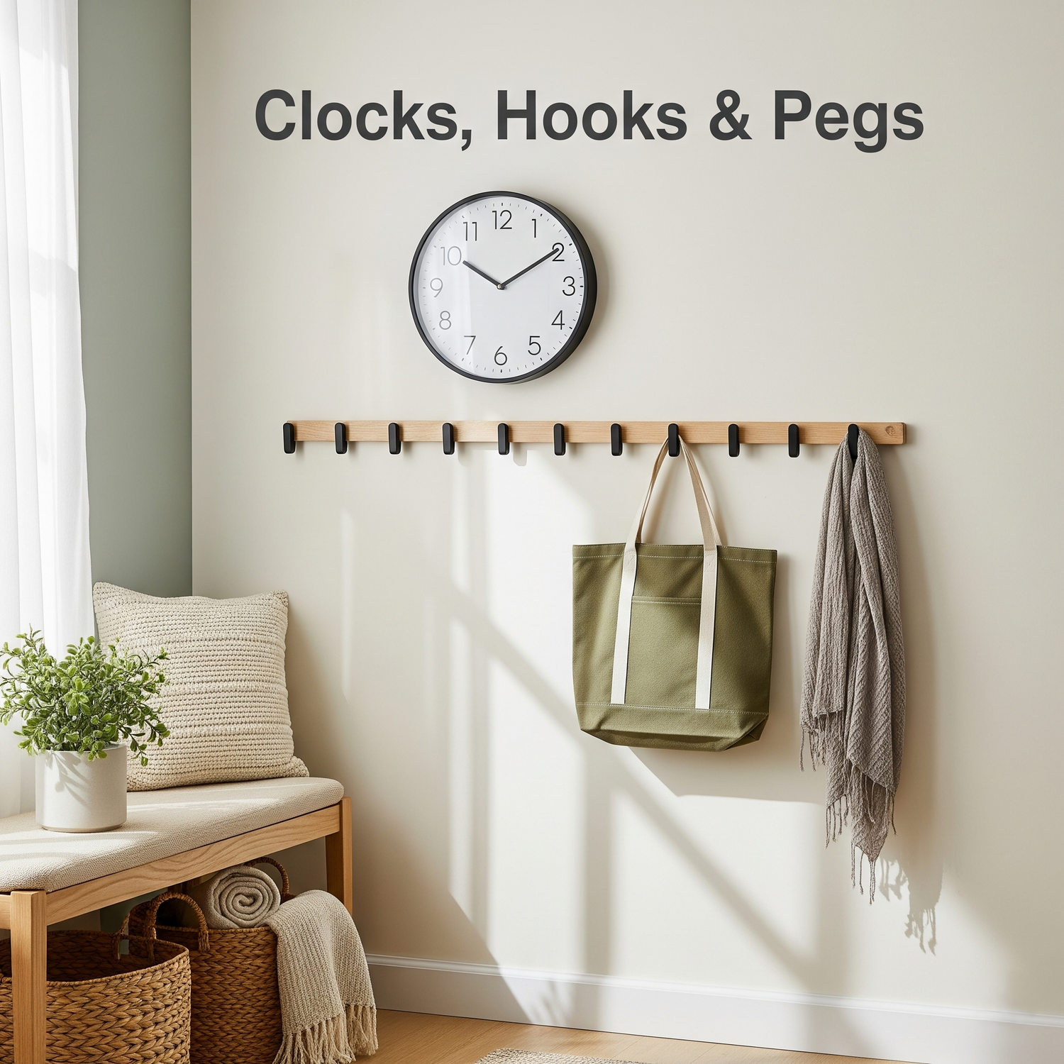 An entryway vignette featuring a clock and hooks with a bag and scarf.