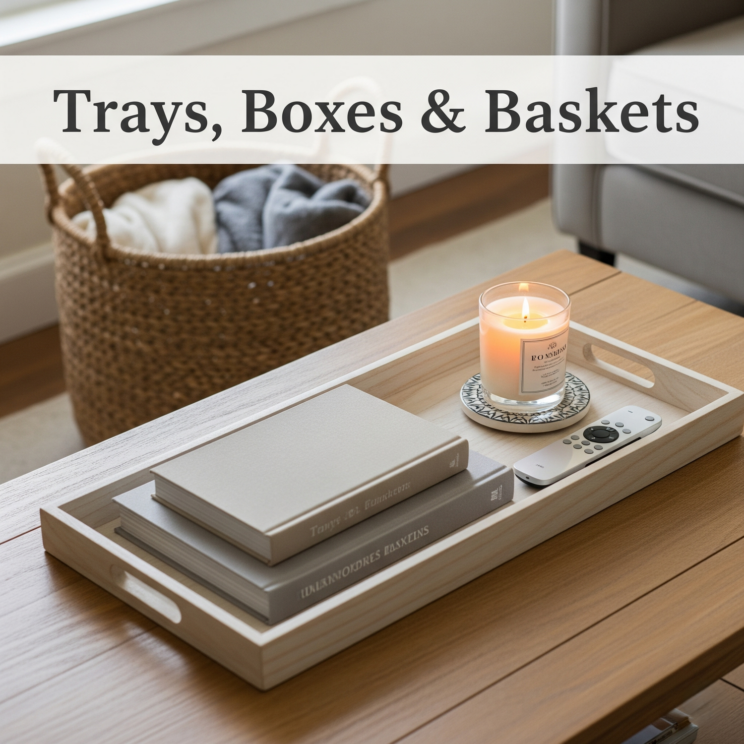 A coffee table with a tray of organized items and a nearby woven basket.