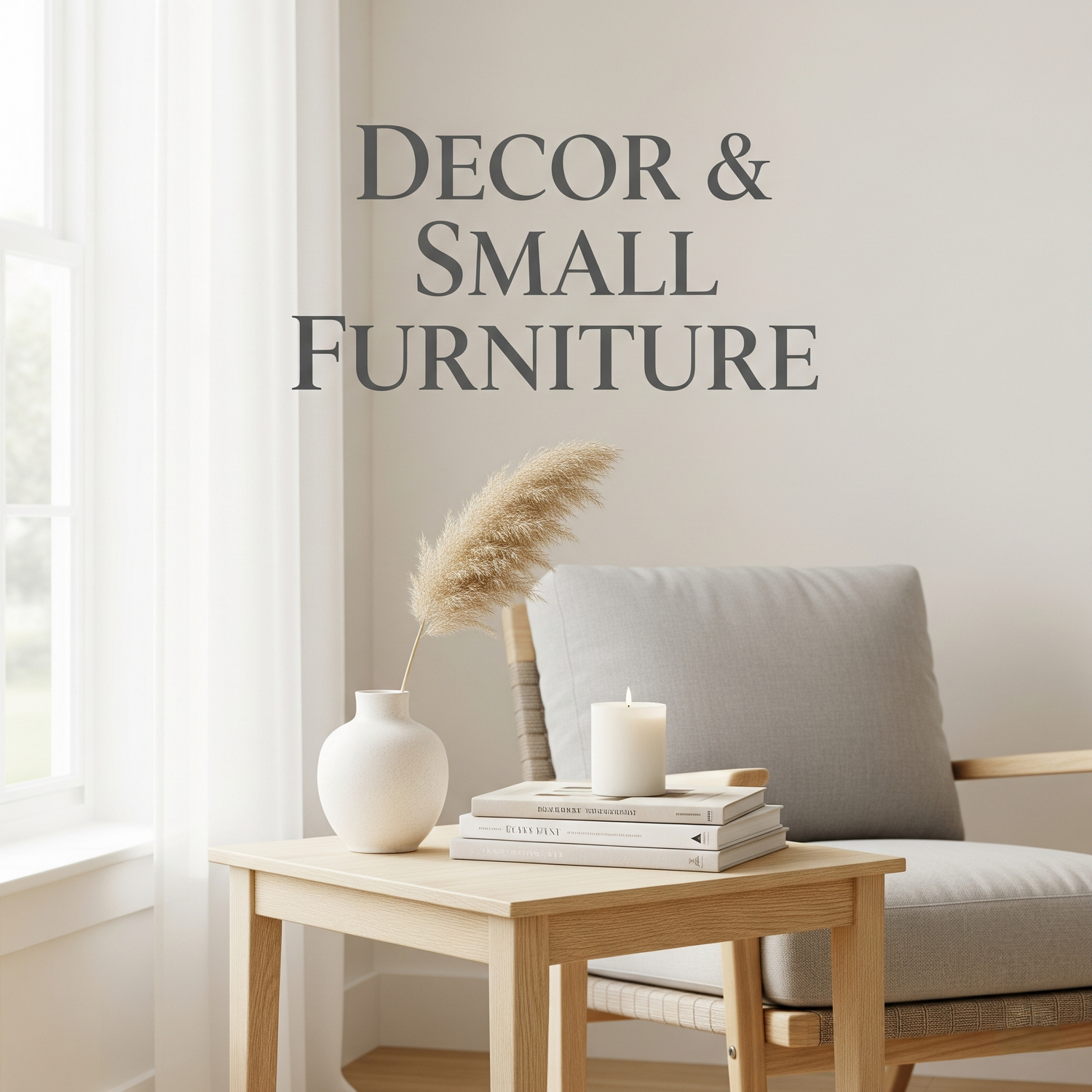 A side table and chair next to a window. The table holds a vase, books, and a candle, and the text 'Decor & Small Furniture' is written in large letters on the wall.