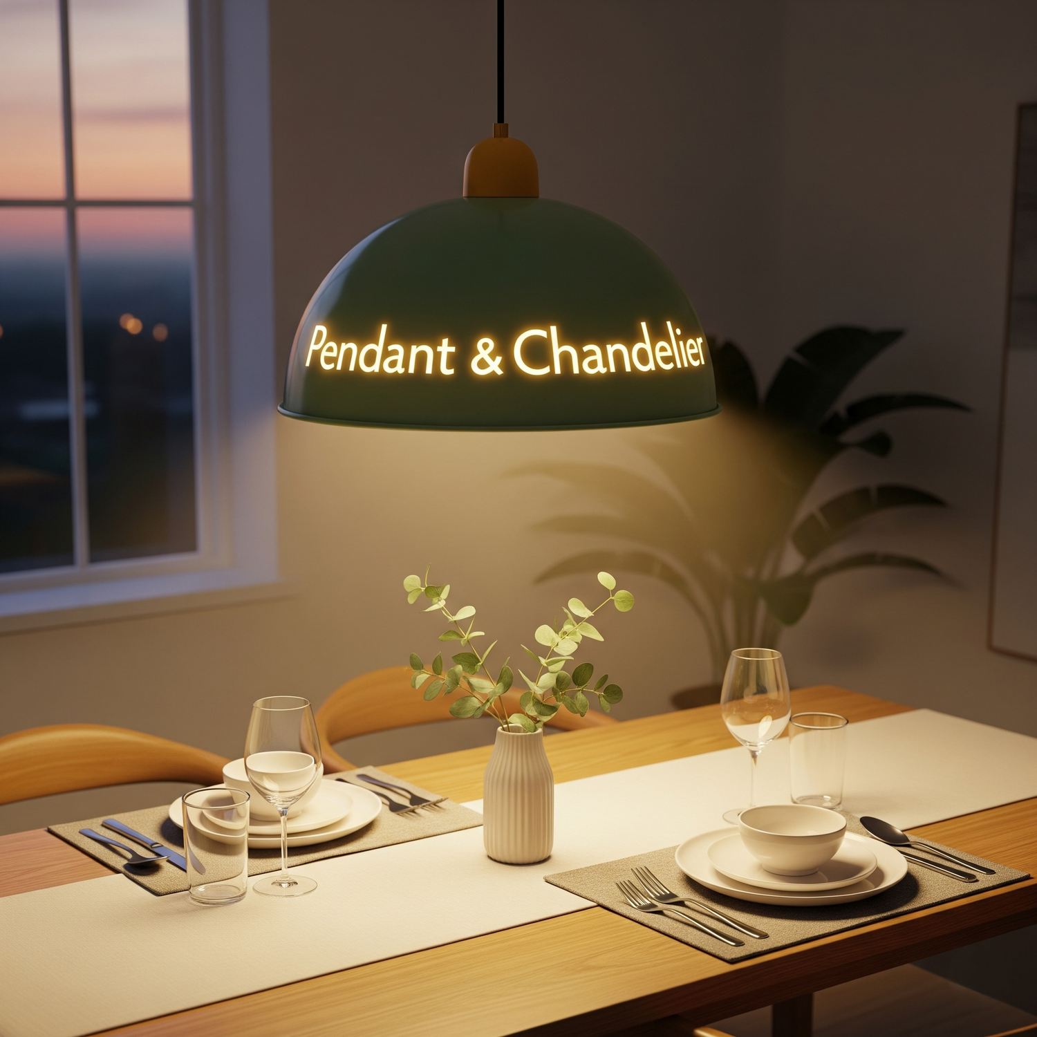 A dining scene with a pendant light centered over a table.