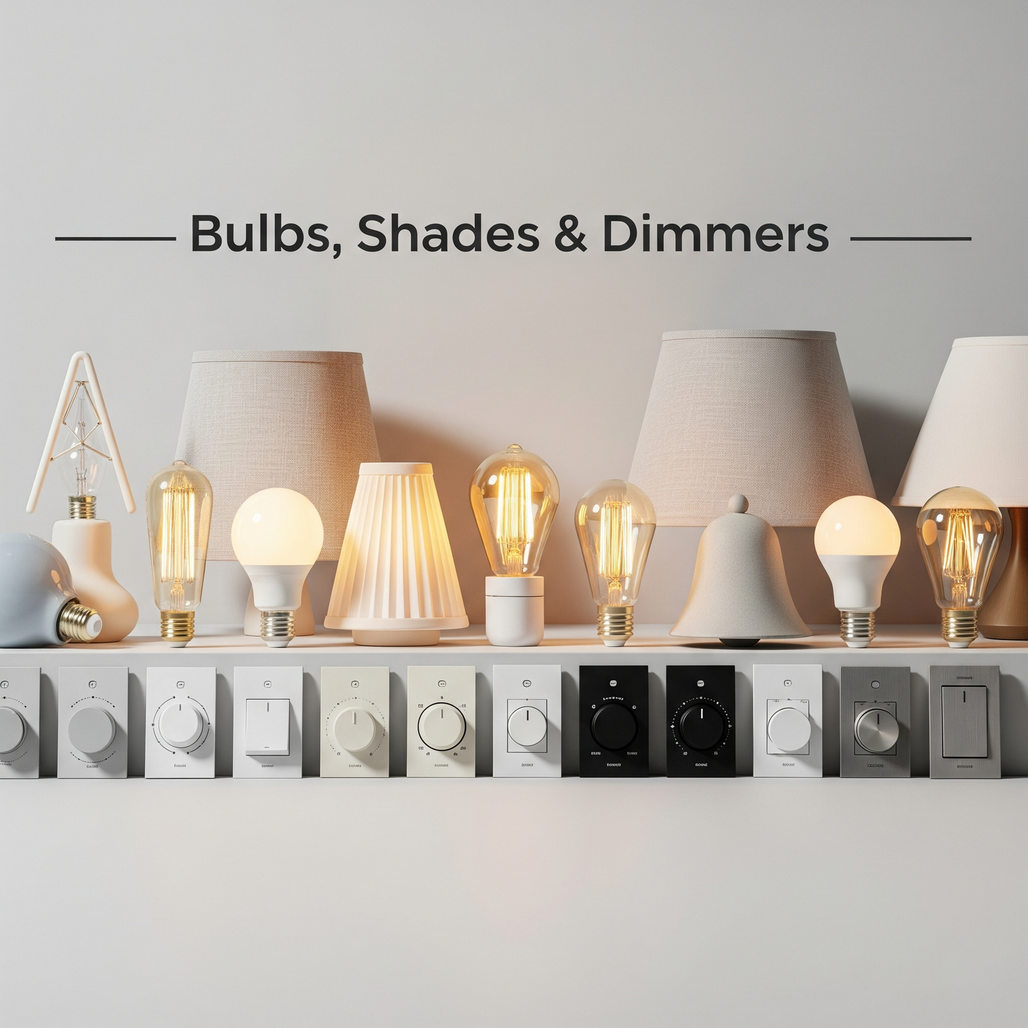 A styled still life of various bulbs, shades, and dimmer switches on a neutral background.
