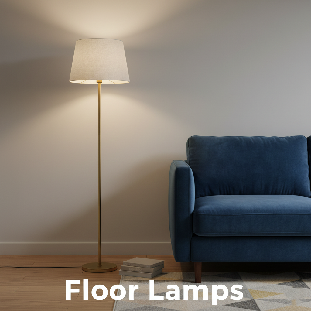 A floor lamp in a living room corner, casting a soft light on the wall