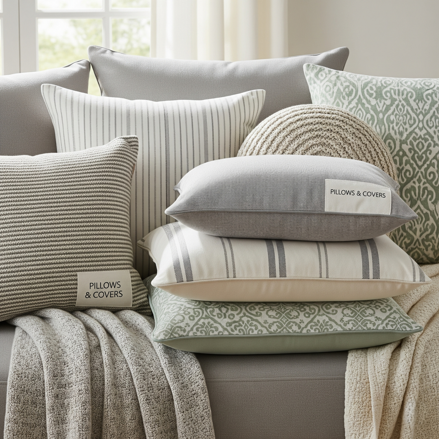 A cozy arrangement of layered pillows on a sofa, emphasizing texture.