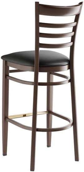 Spartan Metal Bar Stool, Dark Walnut Wood Grain Finish, Black Vinyl Padded Seat, Ladder Back Design, 43.5 Inch Height, 500 lb Capacity