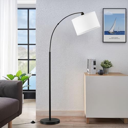 Luvkczc 71" Arc Floor Lamp for Living Room with Adjustable Lamp Head, Black Pole Lamp with White Shade, Standing Lamp with Foot Switch, Over Couch Arched Reading Light for Bedroom, Office, Study Room