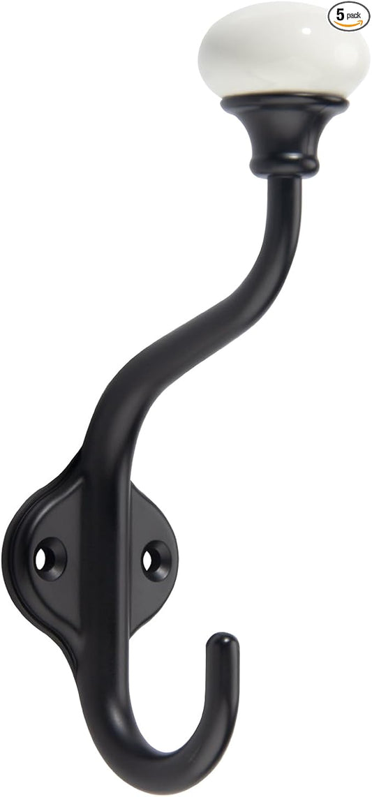 TUNNY Coat Hooks - 5 Pack Matte Black Towel Hooks Robe Hooks Decorative Wall Hooks for Bathroom Bedroom Kitchen Towel Robe Clothes Cabinet Closet Bathroom Hardware