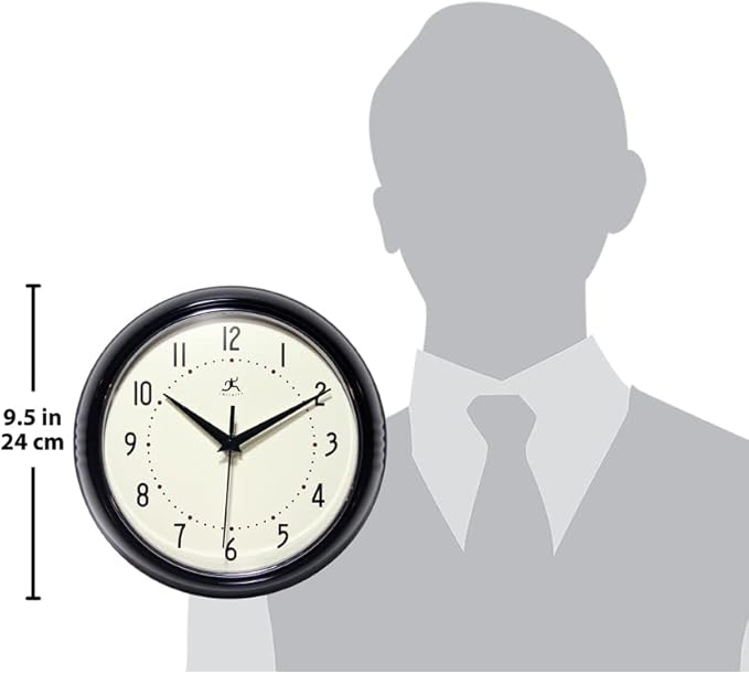 Infinity Instruments LTD. Retro 9 inch Silent Sweep Non-Ticking Mid Century Modern Kitchen Diner Wall Clock Quartz Movement Retro Wall Clock Decorative (Black)