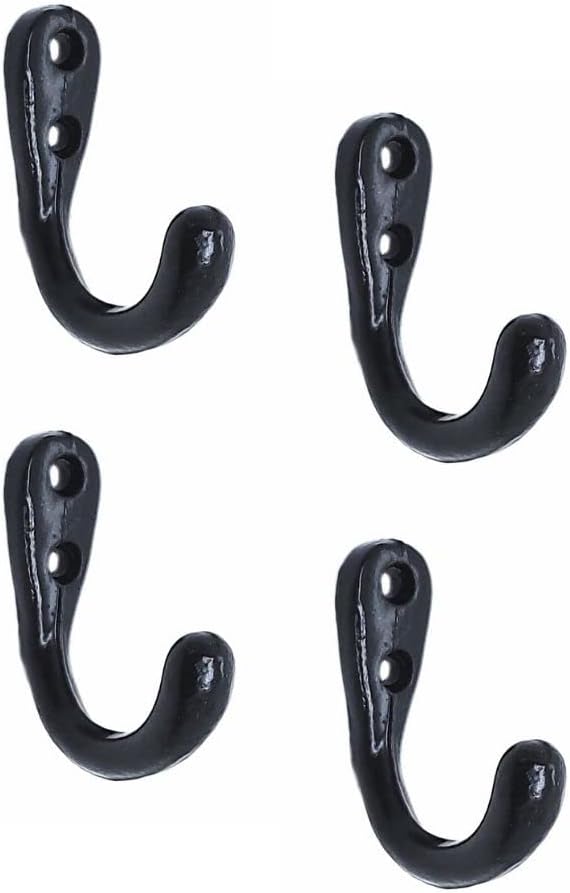 Multipurpose Hooks, Used to Hang Clothes, Bags, Coats, Curtain Hold Backs, Keys, Colour - Black, Material - Aluminium, Screws and Wallplugs Included, Pack of 4 Pieces