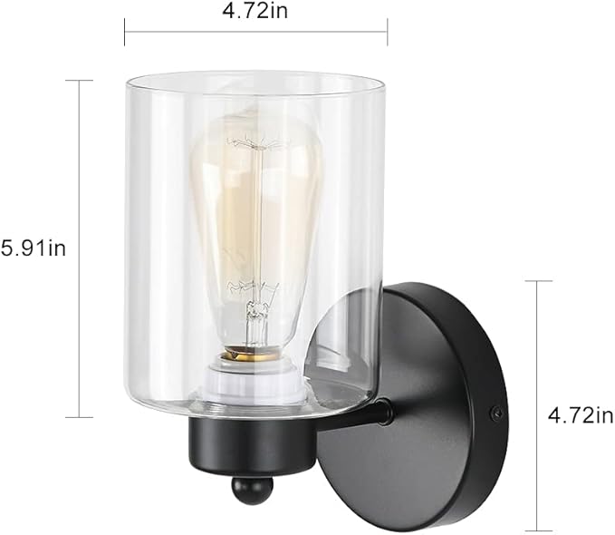 1-Light Bathroom Black Vanity Light Matte Black Wall Sconce Vintage with Clear Glass Shade, Hallway Light Fixture Sconces Wall Lighting