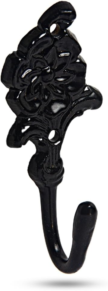 Multipurpose Hooks, Used to Hang Clothes, Bags, Coats, Curtain Hold Backs, Keys, Colour - Matt Black, Material - Brass, Flower Design, Screws and Wallplugs Included, Pack of 10 Pieces