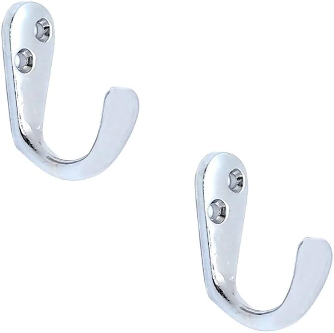 Multipurpose Hooks, Used to Hang Clothes, Bags, Coats, Curtain Hold Backs, Keys, Silver Colour, Material - White Metal, Screws and Wallplugs Included, Pack of 2 Pieces