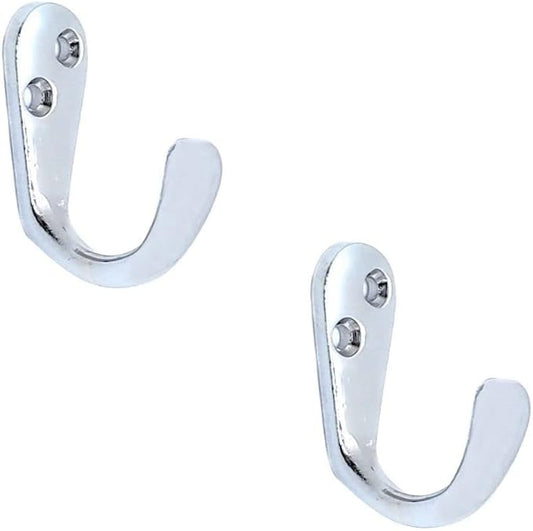 Multipurpose Hooks, Used to Hang Clothes, Bags, Coats, Curtain Hold Backs, Keys, Silver Colour, Material - White Metal, Screws and Wallplugs Included, Pack of 2 Pieces