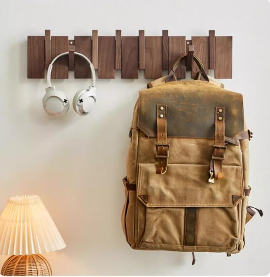 Wood Coat Rack Wall Mounted, Coat Hooks Wall Mount, Flip Down Entryway Wall Art Rack wtih 8 Hooks for Hanging Coats Keys Hats Towels Bags, Walnut