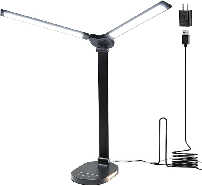 LED Desk Lamps for Home Office, 14W Double Swing Arm LED Desk Lamp with USB Charging Port, Eye-Caring Architect Task Lamp, Desktop Lamp with Night Light Table Light for Work Study Craft with Adapter