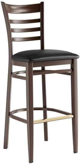 Spartan Metal Bar Stool, Dark Walnut Wood Grain Finish, Black Vinyl Padded Seat, Ladder Back Design, 43.5 Inch Height, 500 lb Capacity