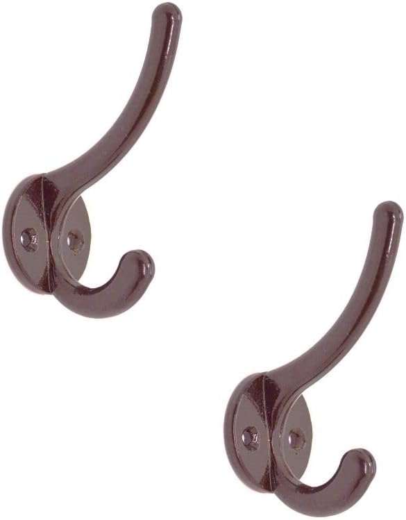 Multipurpose Hooks, Used to Hang Clothes, Bags, Coats, Curtain Hold Backs, Keys, Brown Colour, Material - Aluminium, Screws and Wallplugs Included, Pack of 2 Pieces