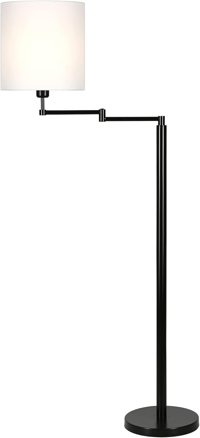Moby Swing Arm Floor Lamp with Fabric Drum Shade in Blackened Bronze/White